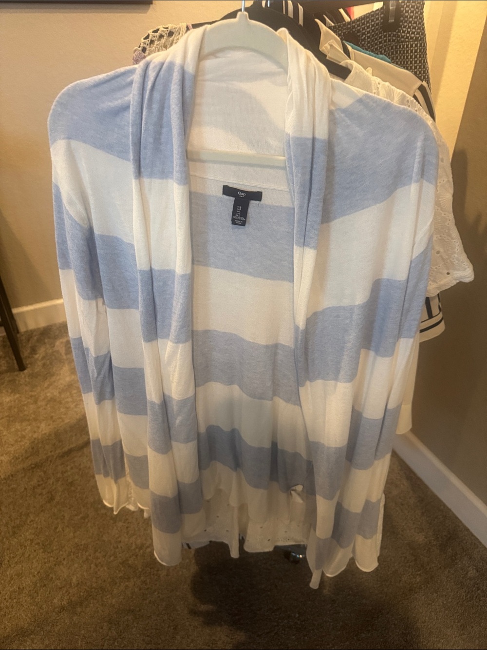 GAP Light Blue and White Striped Open-Front Cardigan